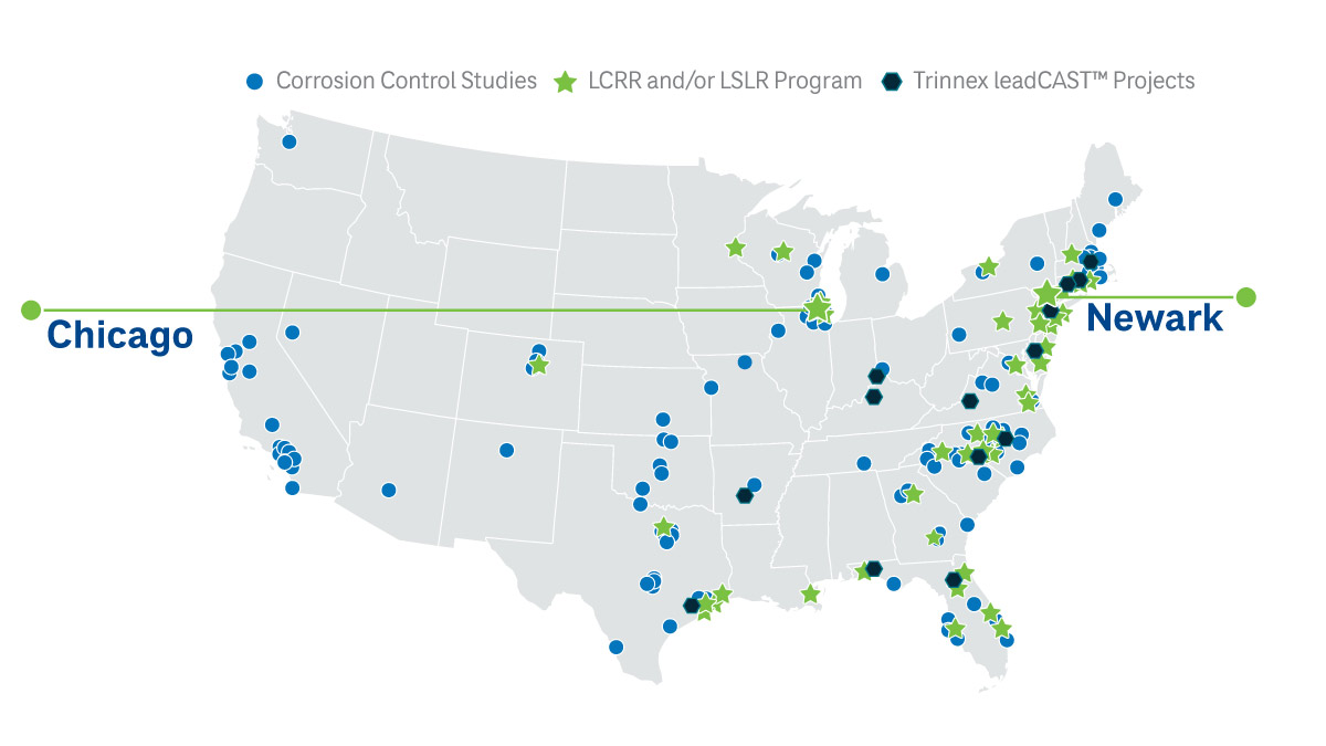 A map showing CDM Smith's project experience related to lead in drinking water