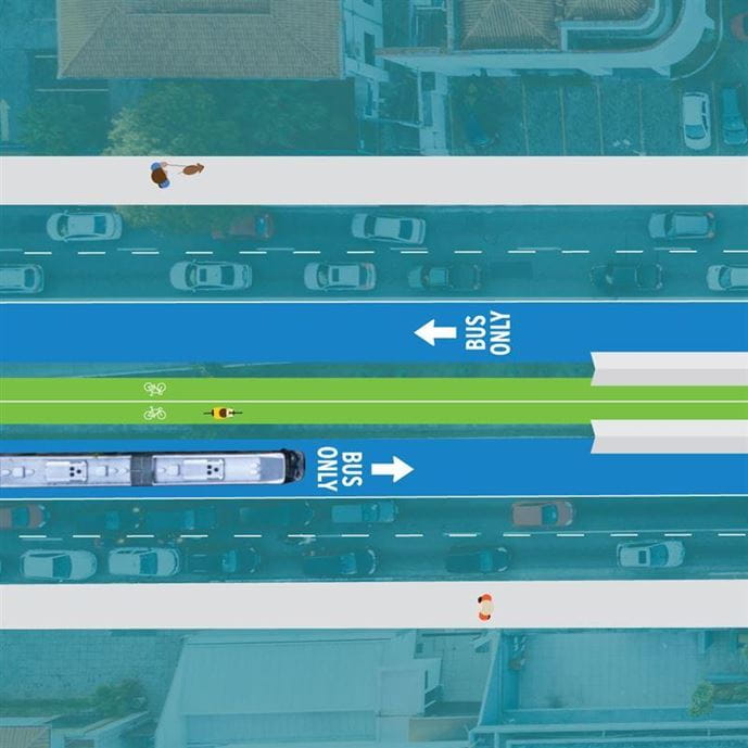 A top-down illustration of bus rapid transit, with dedicated bus and bicycle lanes