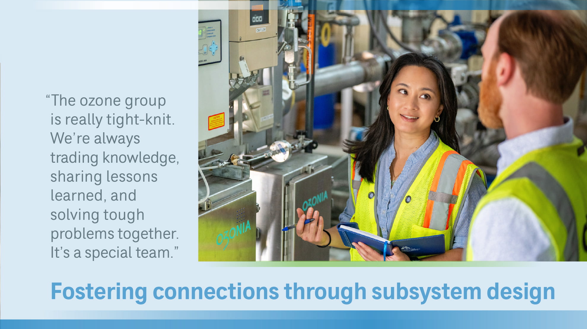 Young woman and man talking in a water treatment plant