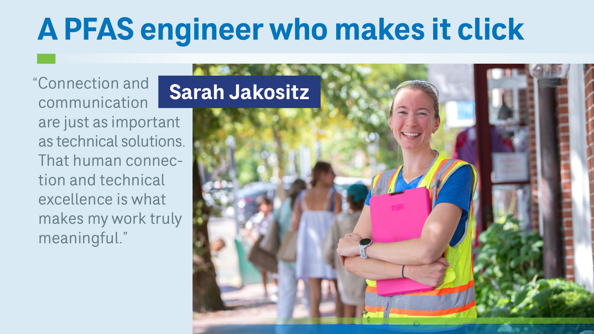 Graphic with text and an image of a woman holding a clipboard