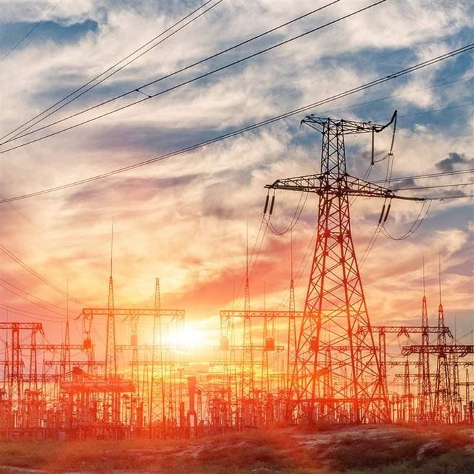 distribution electric substation with power lines and transformers