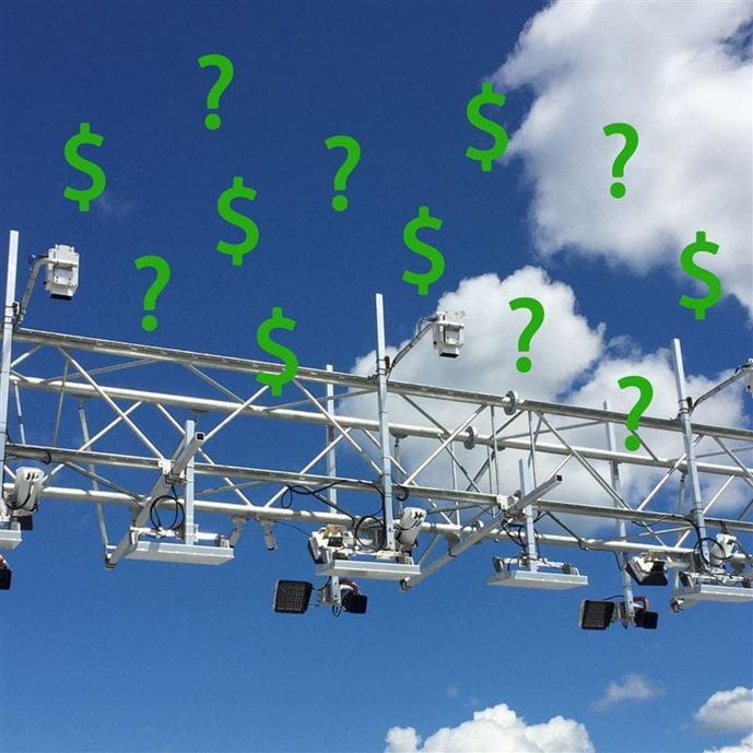 Toll Gantry with question marks and dollar signs