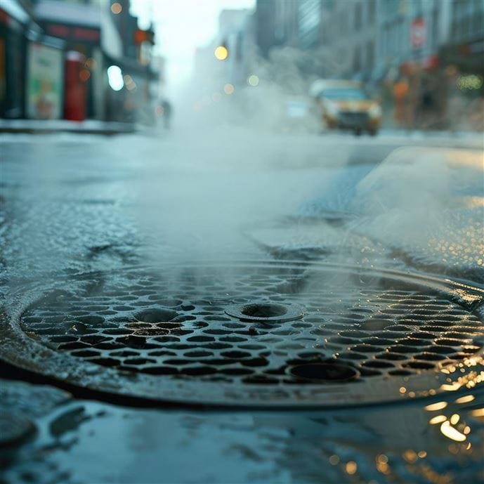 Sewer Manhole Steam Escaping on City Street, Heat Loss Concept, Urban Infrastructure, Ventilation System
