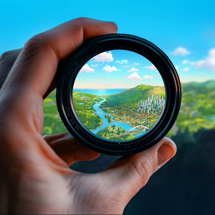 hand holding a magnifying glass looking through to a utopian landscape