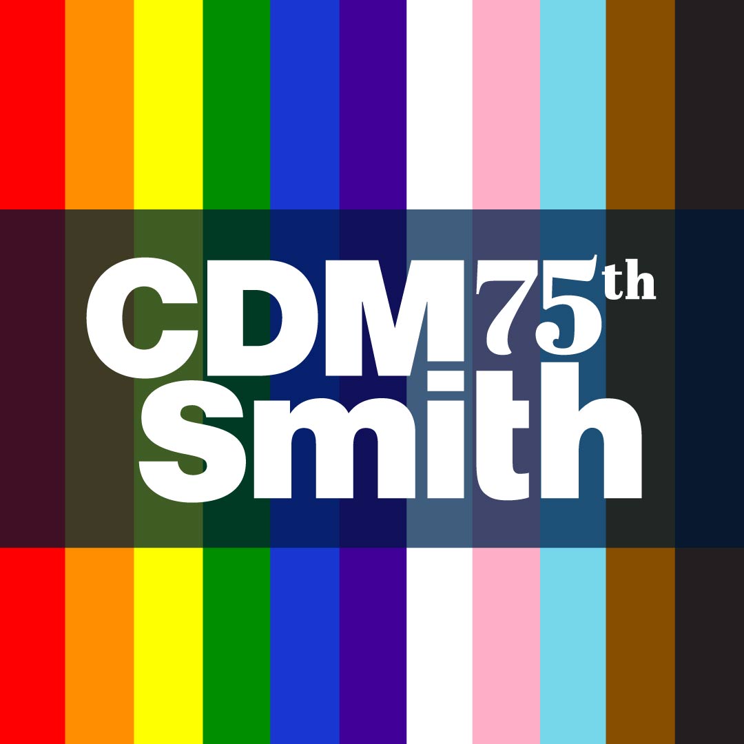 CDM Smith logo white with rainbow background