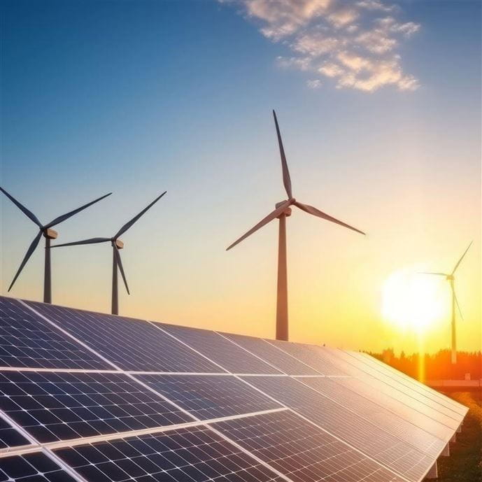 wind turbines in a field with solar panels at sunset