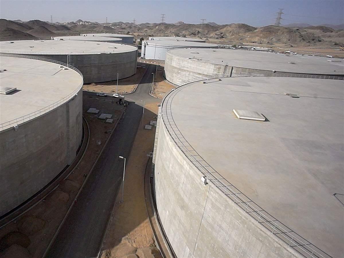 6 circular storage facilities with roads between them